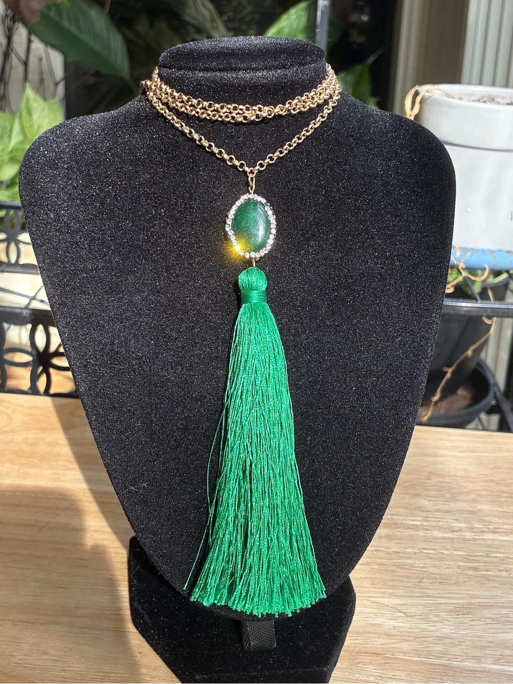 Tasha Emerald Green Oval Stone & Rhinestone Tassel Necklace